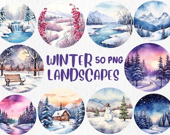Watercolor Winter Landscapes Clipart: 50 PNG Forest Illustrations (Digital Download)