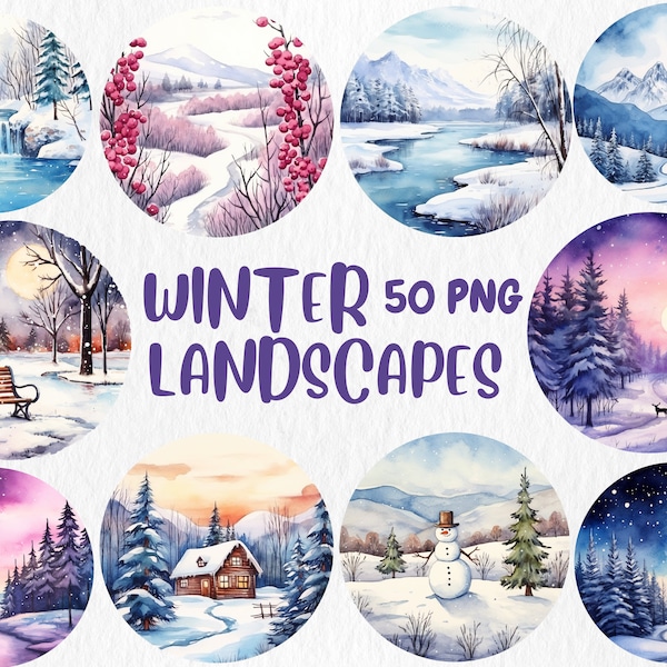 Watercolor Winter Landscapes Clipart | Winter Wonderland, Christmas Landscape, Forest Illustrations | Instant Download for Commercial Use