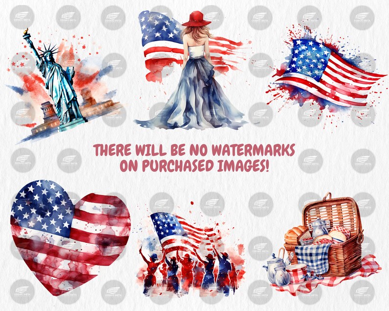 Watercolor 4th of July Clipart | American Flag, Independence Day, Uncle Sam Hat Illustrations | Instant Download for Commercial Use