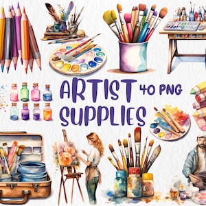 Clipart di forniture per acquerelli / Strumenti artistici, pennelli, tubetti di vernice, illustrazioni di tavolozze di colori / Download immediato per uso commerciale