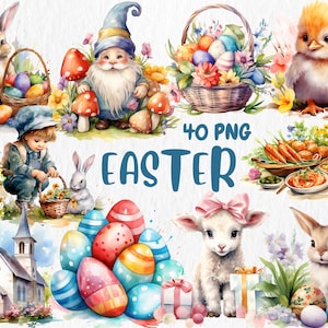 Watercolor Easter Clipart | Colorful Bunny, Chicken, Basket, Easter Eggs, Gnome Illustrations | Instant Download for Commercial Use