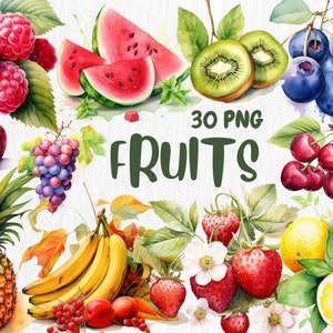 Clipart Fruits Aquarelle | Illustrations de pomme, banane, orange, fraise, ananas | Images PNG, téléchargement immédiat pour usage commercial