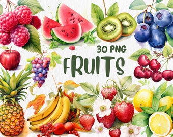 Watercolor Fruits Clipart | Apple, Banana, Orange, Strawberry, Pineapple Illustrations | PNG Graphics, Instant Download for Commercial Use