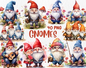 May include: A set of 40 digital illustrations of gnomes in various poses and activities. The gnomes are depicted in a watercolor style with bright colors and whimsical details. The gnomes are wearing different outfits and hats, and some are holding objects such as flowers, fishing poles, and musical instruments. The illustrations are perfect for creating greeting cards, scrapbooking, and other craft projects.