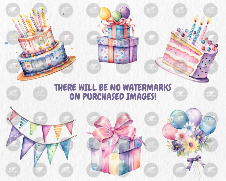 Watercolor Birthday Party Clipart: Balloons, Cake, Presents (instant ...