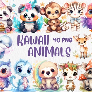 Clipart de animais Kawaii em aquarela | Panda, golfinho, coala, decoração de berçário, ilustrações de animais bebês | Download instantâneo para uso comercial