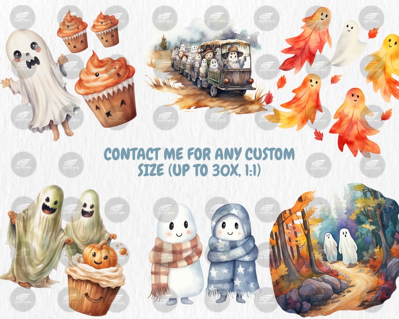 Watercolor Autumn Ghosts Clipart | Autumn Ghost Illustrations | Painted Ghost Clipart, 40 PNG Graphics, Instant Download for Commercial Use