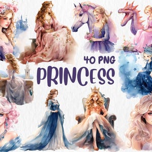 Watercolor Princess Clipart: 40 PNG Illustrations, DIY Party Themes (Digital Download)