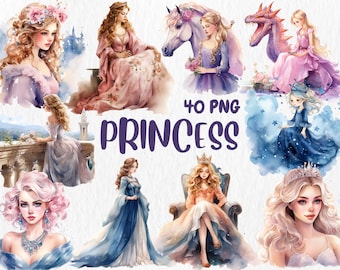 Watercolor Princess Clipart: 40 PNG Illustrations, DIY Party Themes (Digital Download)
