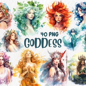 Clipart déesse aquarelle | Graphismes féminins mythiques pour projets créatifs, 40 images transparentes | Téléchargement instantané pour une utilisation commerciale
