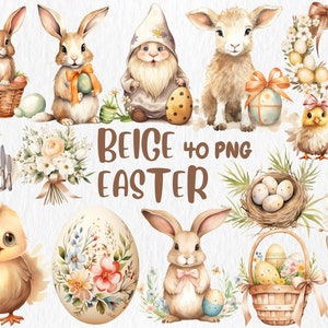 Clipart de Páscoa Bege Aquarela | Berçário de Coelhinhos, Páscoa Pastel, Primavera, Gnomo, Ilustrações de Cesta | Download Instantâneo para Uso Comercial