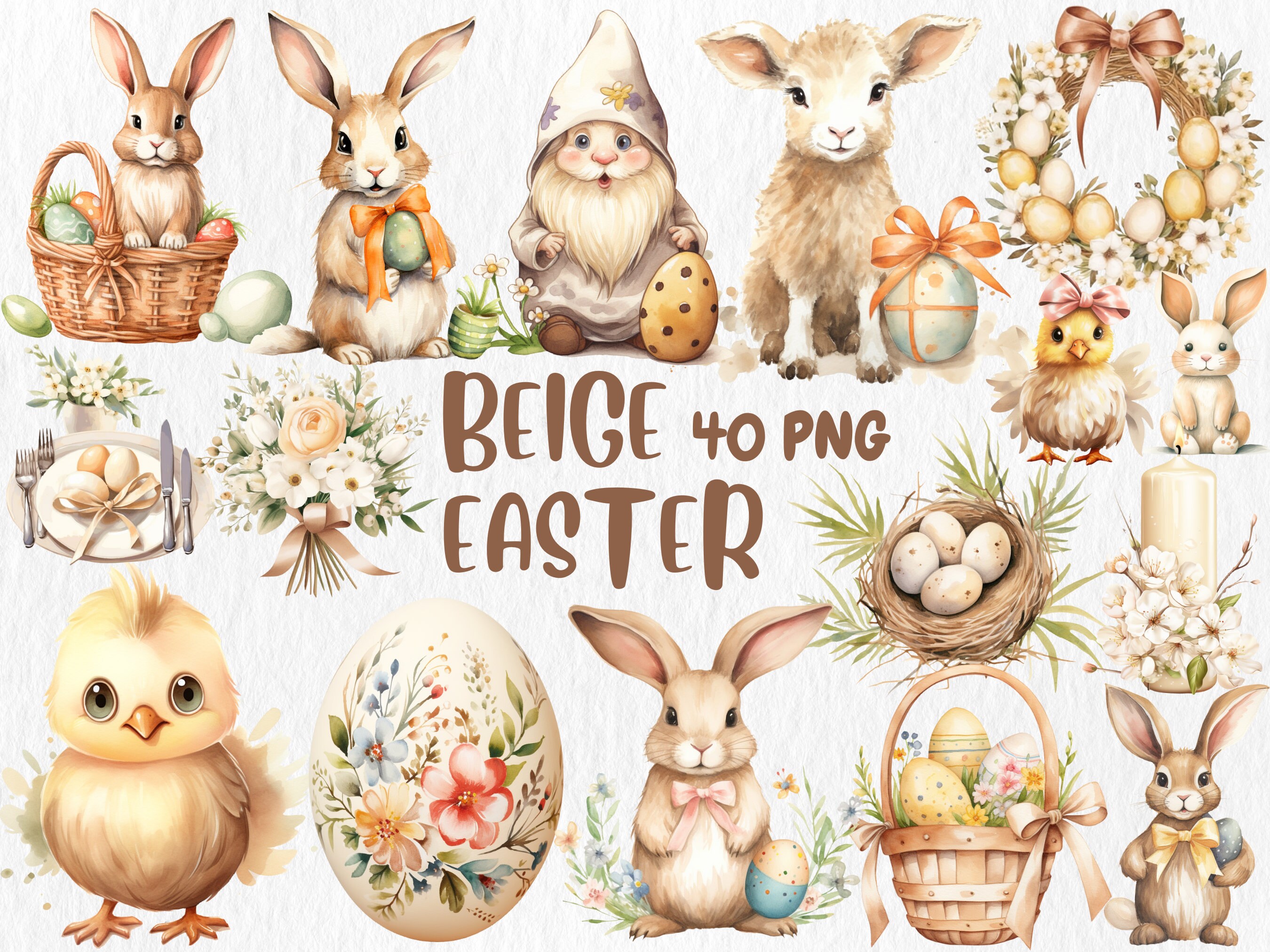 Watercolor Easter Clipart: Beige Bunny, Gnome, Basket (Instant Download)