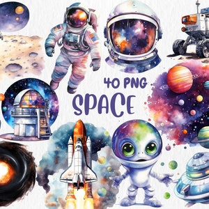 Watercolor Space Clipart | Planet, Spiral Galaxy, Moon, Observatory, UFO, Astronaut Illustrations | Instant Download for Commercial Use