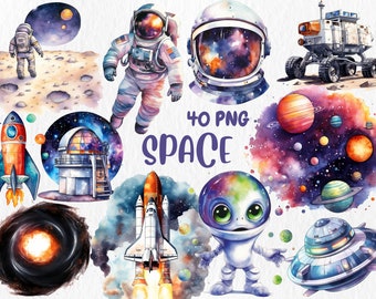 Watercolor Space Clipart | Planet, Spiral Galaxy, Moon, Observatory, UFO, Astronaut Illustrations | Instant Download for Commercial Use