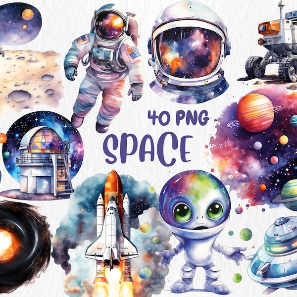 Watercolor Space Clipart | Planet, Spiral Galaxy, Moon, Observatory, UFO, Astronaut Illustrations | Instant Download for Commercial Use