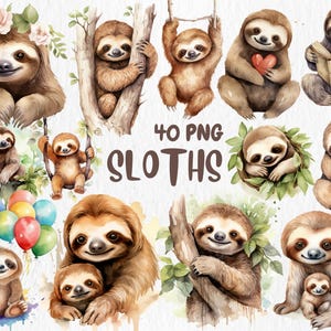 Clipart Aquarelle de paresseux | Illustrations mignonnes de paresseux paresseux, animaux de la jungle et feuilles, parfaits pour une baby shower, décoration de chambre d'enfant, usage commercial