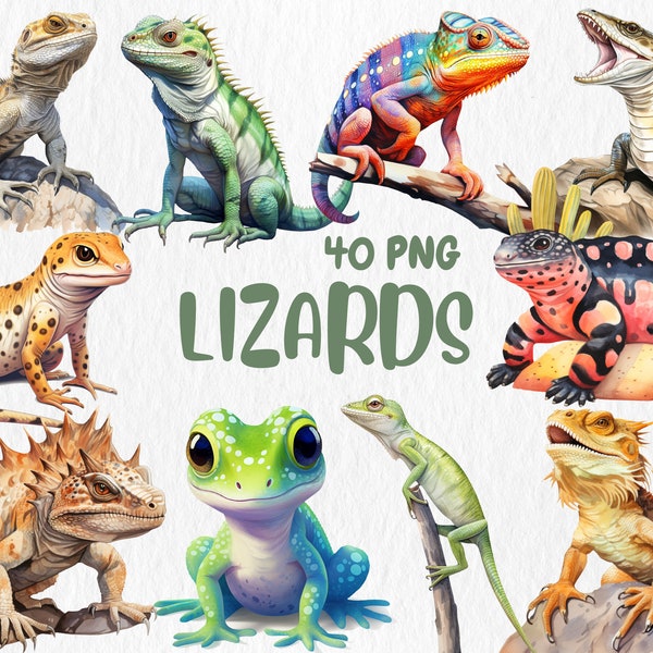 Acuarela Lagartos Clipart / Camaleón, Gecko, Dragón Barbudo, Iguana, Ilustraciones del Monstruo de Gila / Descarga Instantánea para Uso Comercial