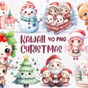 Aquarell Kawaii Weihnachten Clipart | Niedliche Weihnachtsgrafiken und Dekor, Weihnachtsmann, Baum Illustration | Sofort Download für kommerzielle Nutzung