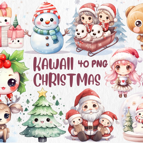 Watercolor Kawaii Christmas Clipart | Cute Christmas Graphics and Decor, Santa, Tree Illustration | Instant Download for Commercial Use