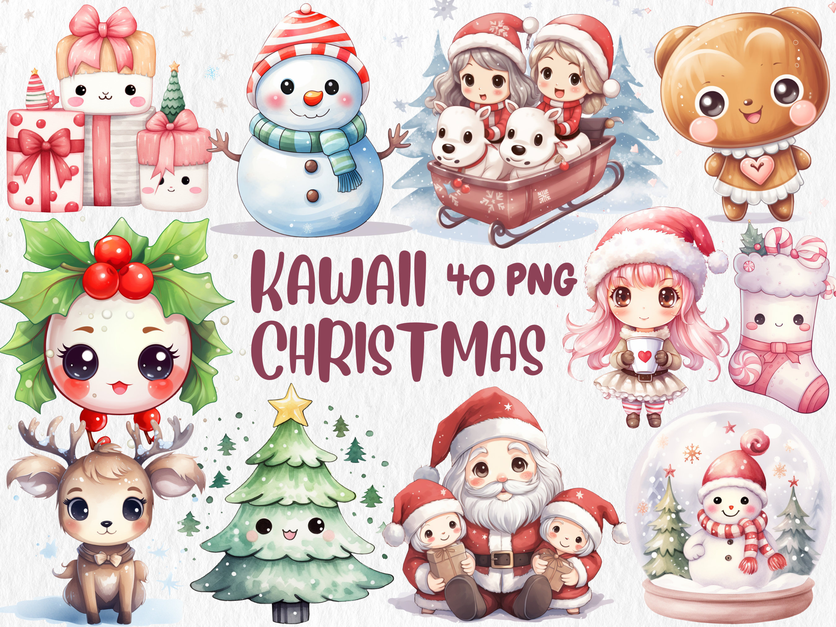 Watercolor Kawaii Christmas Clipart | 40 PNG Graphics (instant Download ...