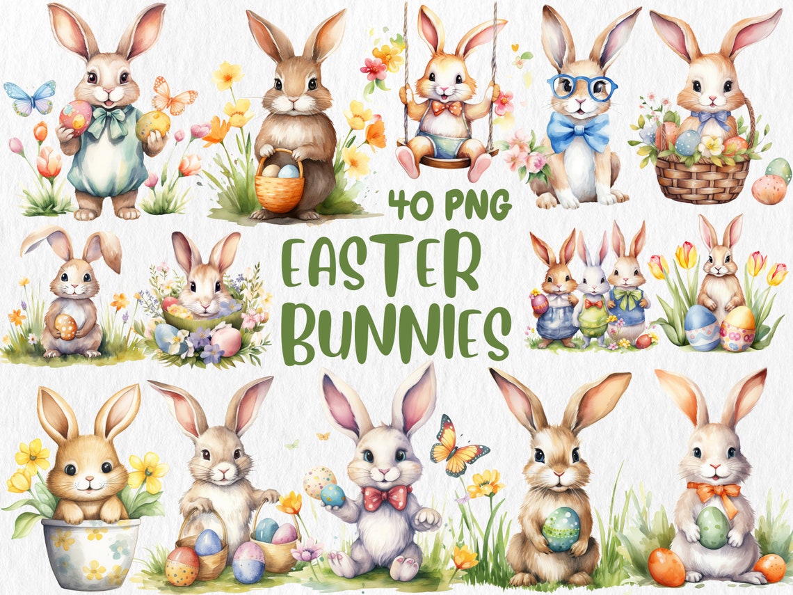 Watercolor Easter Bunnies Clipart: Spring Floral PNG Images (digital ...