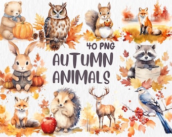 Watercolor Autumn Animals Clipart: Rustic Woodland PNG (Instant Download)