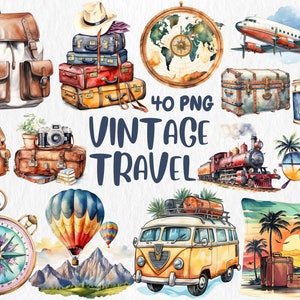 Clipart de voyage vintage aquarelle | Illustrations de valise, appareil photo, été, voyage vintage, sac à dos | Téléchargement instantané pour une utilisation commerciale