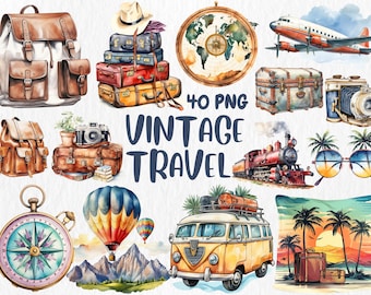 Watercolor Vintage Travel Clipart: Suitcase, Camera (Instant Download)