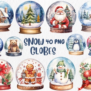 Imágenes prediseñadas de bolas de nieve de acuarela / Navidad, invierno, vacaciones PNG, ilustración de adorno de bola de nieve / Descarga instantánea para uso comercial