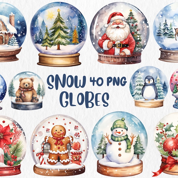 Watercolor Snow Globes Clipart | Christmas, Winter, Holiday PNG, Snow Globe Ornament Illustration | Instant Download for Commercial Use