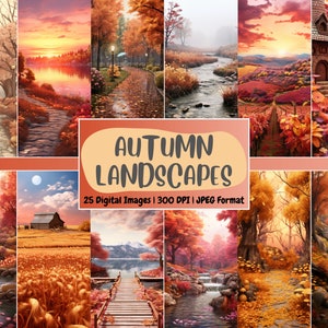 Papel digital de paisagens de outono | Fundo de floresta de outono, cenários de paisagens de pôr do sol, para impressão, download para diários e scrapbooking