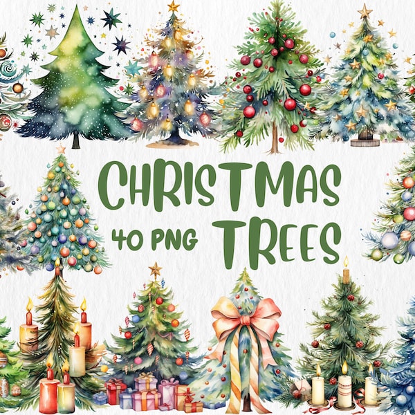 Watercolor Christmas Trees Clipart | Painted Tree Clipart | Christmas Illustrations | PNG Graphics | Instant Download for Commercial Use