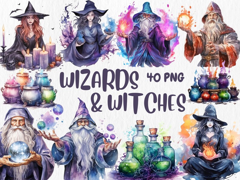 Watercolor Magic Mega Clipart Bundle | Mystical Forests, Fantasy Portals, Wizards, Witches, Potion| Instant Download for Commercial Use