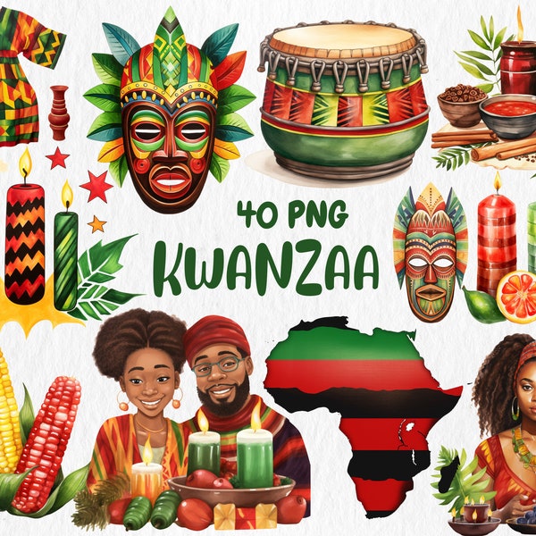 Acuarela Kwanzaa Clipart / Inspiración africana, Gráfico festivo, Ilustraciones de herencia africana / Descarga instantánea para uso comercial