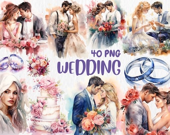 Clipart de boda en acuarela: Novia, novio, anillos, pastel (40 imágenes PNG) (Descarga digital)