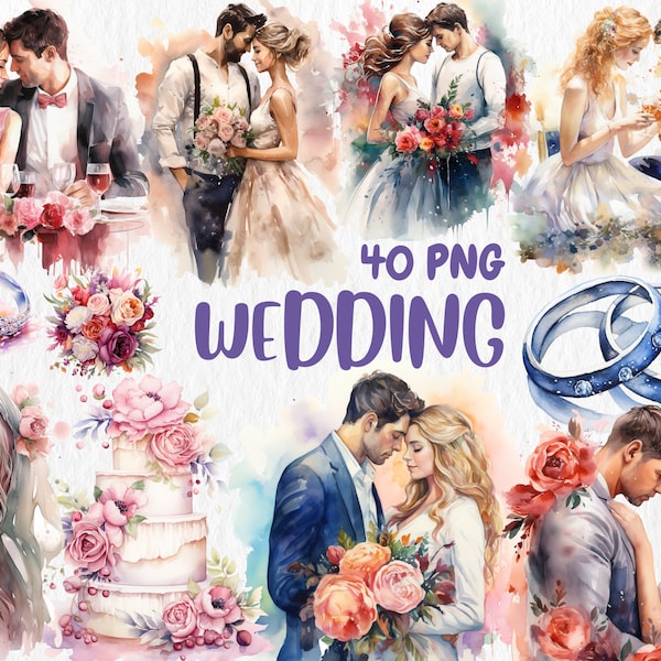 Watercolor Wedding Clipart, Bride and Groom, Wedding Rings and Cake Illustrations, 40 Separate PNG Image, Instant Download, Commercial Use