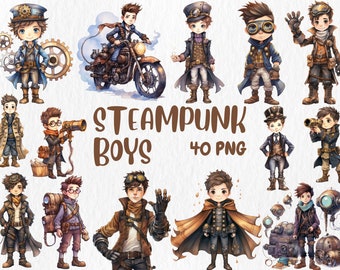 Acuarela Steampunk Boys Clipart / Chicos lindos con gafas de aviador, cinturón de gadget, ilustraciones de sombrero de copa / Descarga instantánea para uso comercial