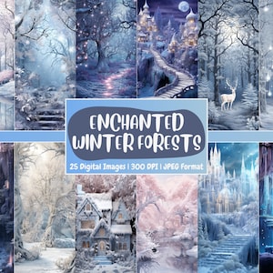 Papel Digital Floresta de Inverno Encantada | Cenários de Paisagem Nevada, Cenários de Fantasia, Imprimíveis, Diários de Viagem para Download e Scrapbooking