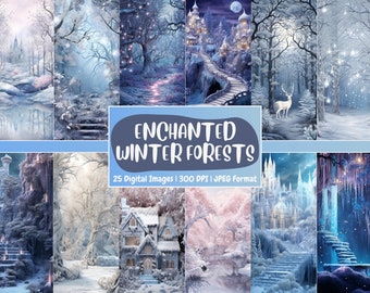 Winter Forest Digital Paper: Snowy Fantasy Backdrops (Digital Download)