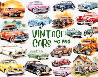 Watercolor Vintage Car Clipart: Classic Automotive Illustrations (Instant Download)