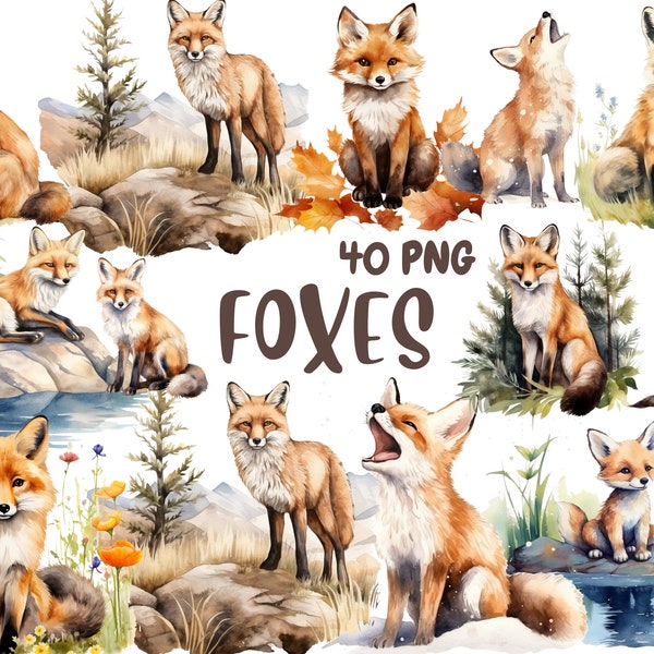 Watercolor Foxes Clipart | Woodland Animal, Nature, Cute, Baby Fox Illustrations, 40 Separate PNG Image, Instant Download for Commercial Use