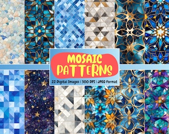 Seamless Mosaic Patterns Digital Paper | Mosaic Texture, Tile, Scrapbook Paper, Repeating Patterns | Instant Download for Commercial Use