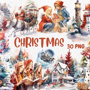Aquarel kerstclipart | Geschilderde kerstclipart | Kerstillustraties | PNG-afbeeldingen | Directe download voor commercieel gebruik