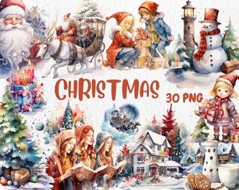 Watercolor Christmas Clipart | Painted Christmas Clipart | Christmas Illustrations | PNG Graphics | Instant Download for Commercial Use