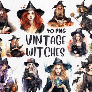 Aquarel vintage heksen clipart | Antieke heksillustraties, retro Halloween-heks ontwerpen | Directe download voor commercieel gebruik