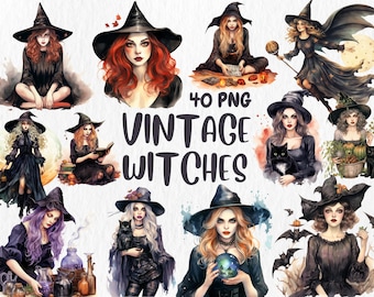 Akvarell vintage häxa clipart: Retro Halloween-designer (digital nedladdning)