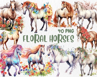 Watercolor Floral Horses Clipart: Fantasy Nursery Decor (Instant Download)