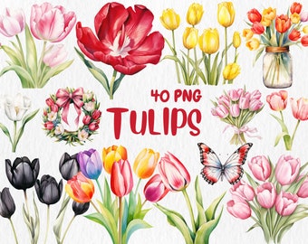 Watercolor Tulips Clipart: Spring Floral Bouquet (Digital Download)