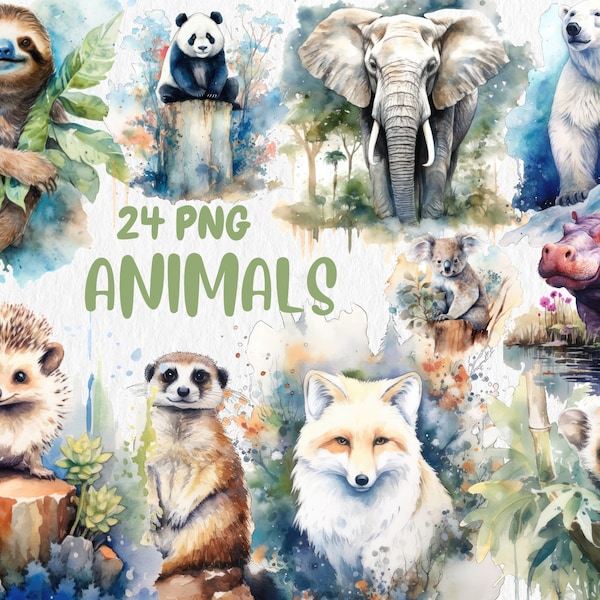Aquarell Tiere Clipart | Panda, Fuchs, Elefant, Eisbär, Faultier, Igel, Nilpferd Illustrationen | Sofortiger Download für kommerzielle Nutzung