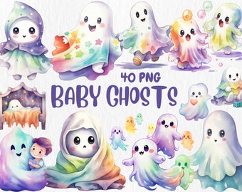Akvarell clipart med spöken | 40 PNG-bilder (digital nedladdning)